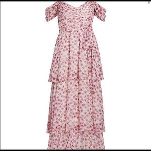 Monique Lhuillier off-shoulder,tiered long gown,pink and white floral. sold out